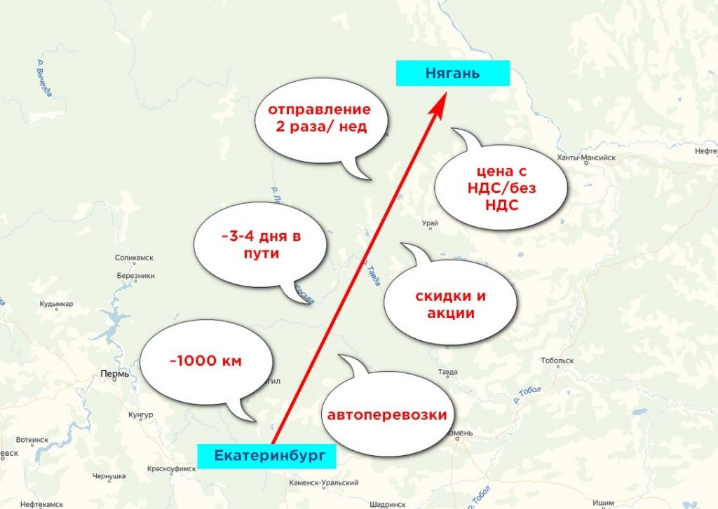 Карта грузоперевозки Екатеринбург-Нягань