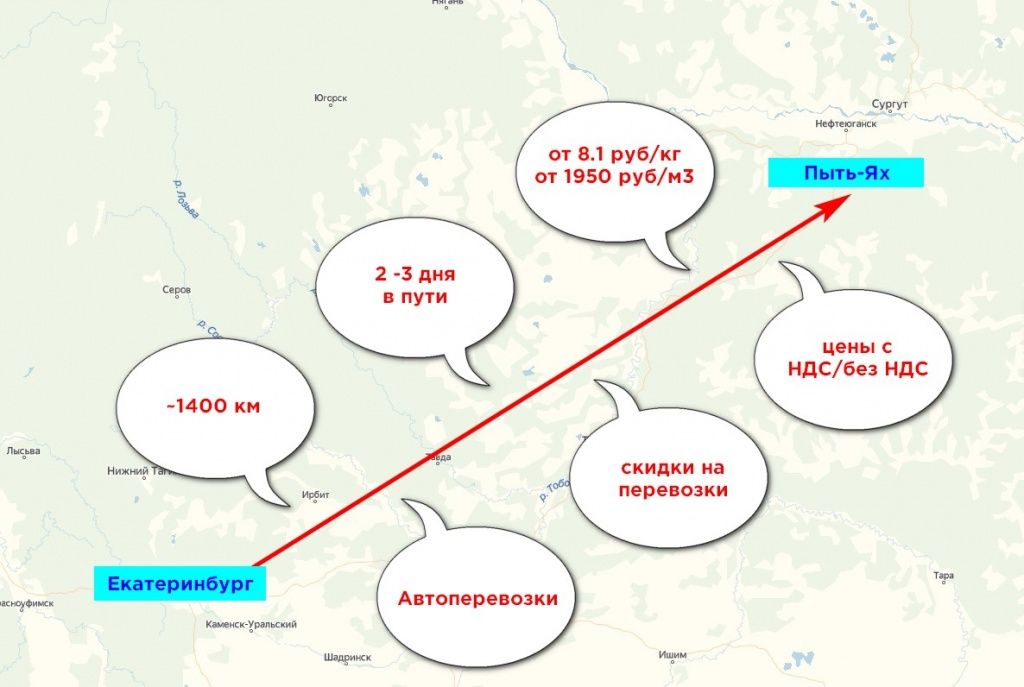 карта грузоперевозки Екатеринбург-Пыть-Ях