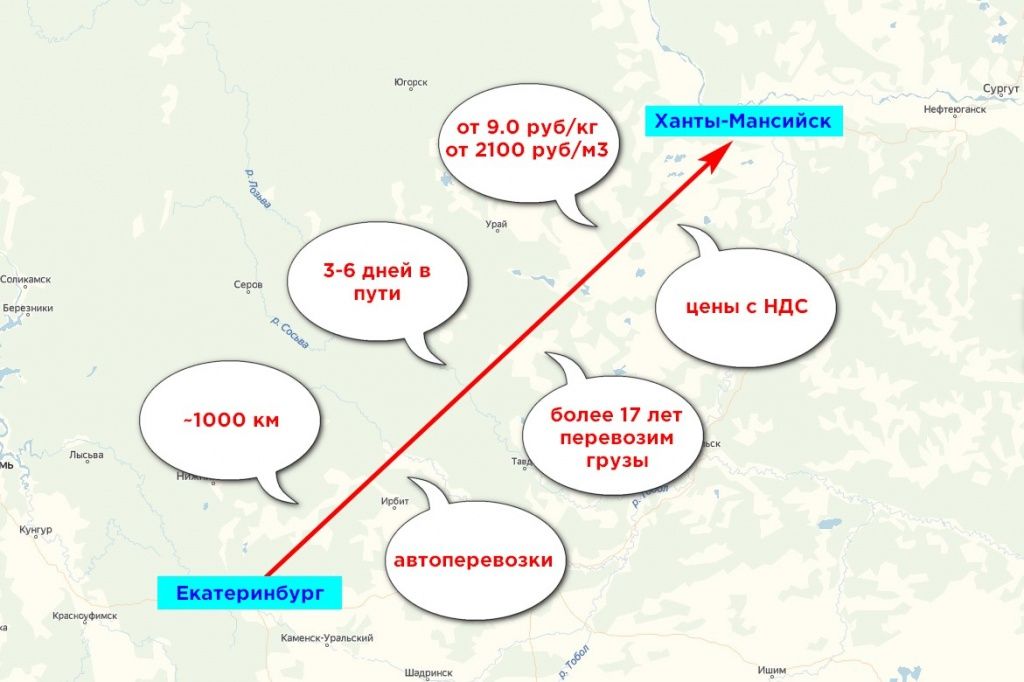 Карта грузоперевозки Екатеринбург-Ханты-Мансийск