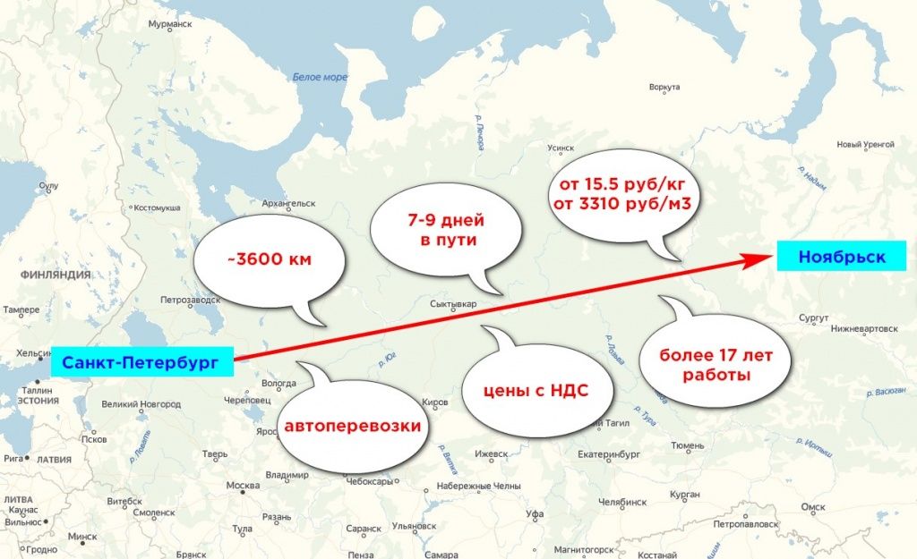 карта грузоперевозки Санкт-Петербург-Ноябрьск