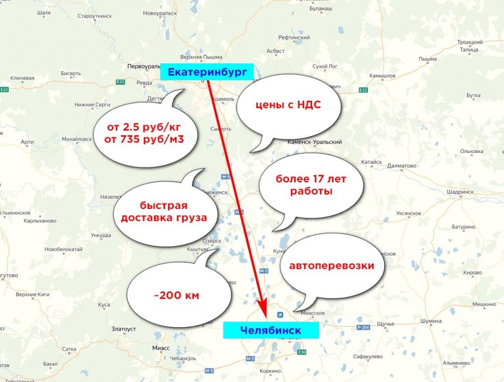 Карта грузоперевозки Екатеринбург-Челябинск
