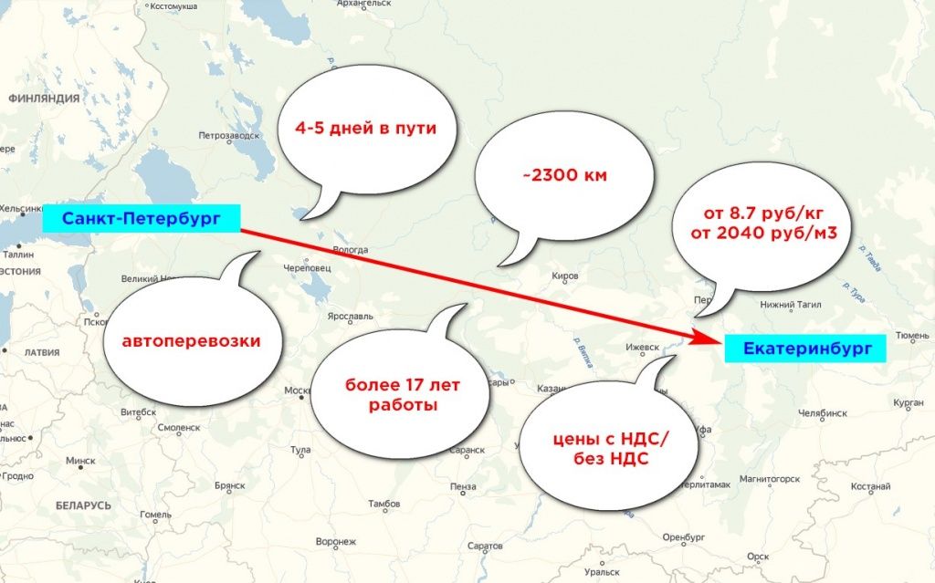 карта грузоперевозки Санкт-Петербург-Екатеринбург